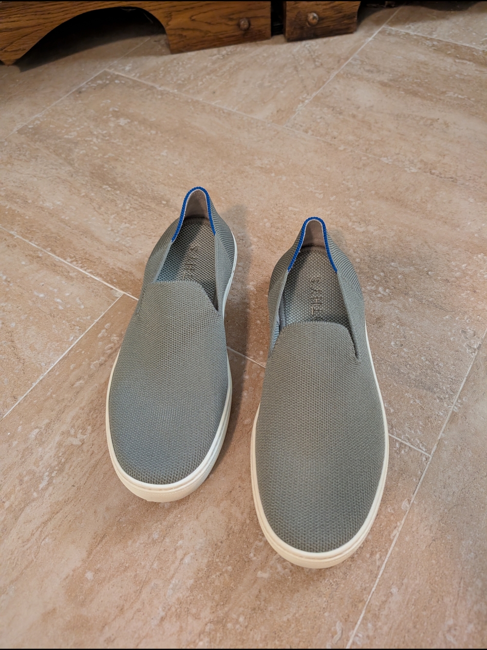 Rothy's Gray Slip-On Sneakers with Blue Trim